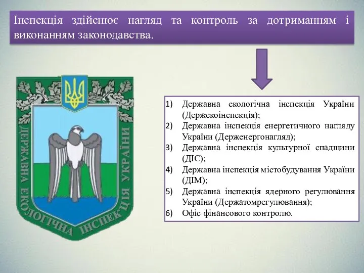 Інспекція здійснює нагляд та контроль за дотриманням і виконанням законодавства. Державна екологічна