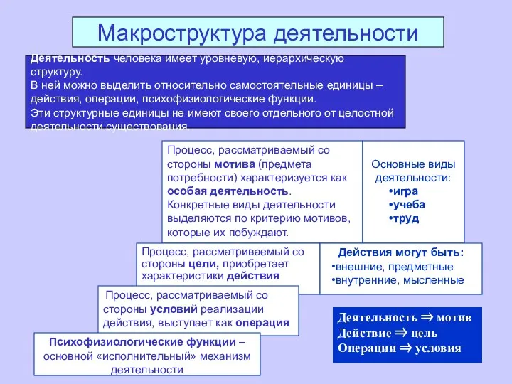 Макроструктура деятельности Деятельность человека имеет уровневую, иерархическую структуру. В ней можно выделить