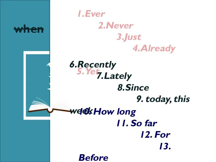 1.Ever 2.Never 3.Just 4.Already 5.Yet 6.Recently 7.Lately 8.Since 9. today, this week