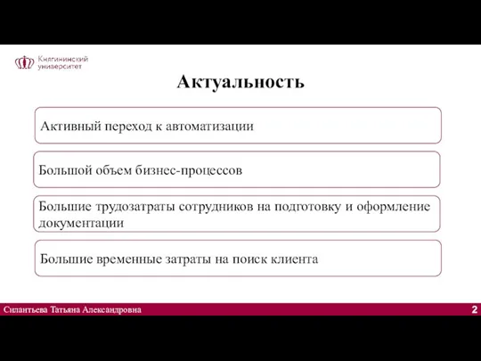 Актуальность Силантьева Татьяна Александровна Активный переход к автоматизации Большой объем бизнес-процессов Большие