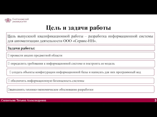 Цель и задачи работы Силантьева Татьяна Александровна Цель выпускной квалификационной работы –