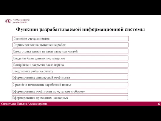 Функции разрабатываемой информационной системы Силантьева Татьяна Александровна