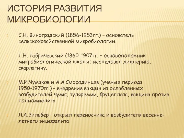 ИСТОРИЯ РАЗВИТИЯ МИКРОБИОЛОГИИ С.Н. Виноградский (1856-1953гг.) – основатель сельскохозяйственной микробиологии. Г.Н. Габричевский