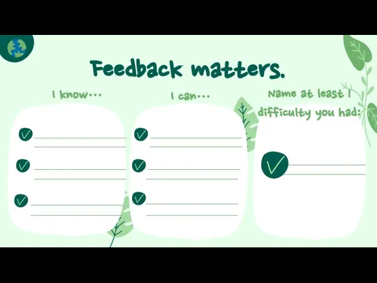 Feedback matters. I know… I can… Name at least 1 difficulty you had: