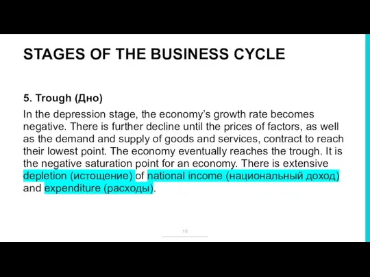 STAGES OF THE BUSINESS CYCLE 5. Trough (Дно) In the depression stage,