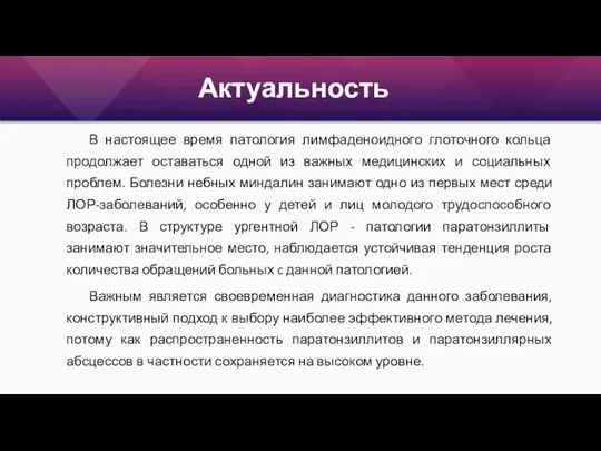 Актуальность В настоящее время патология лимфаденоидного глоточного кольца продолжает оставаться одной из