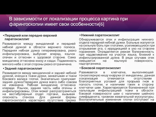 В зависимости от локализации процесса картина при фарингоскопии имеет свои особенности[6] Передний