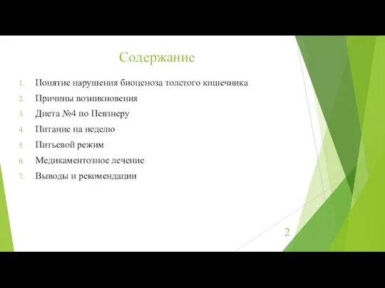 Содержание Понятие нарушения биоценоза толстого кишечника Причины возникновения Диета №4 по Певзнеру