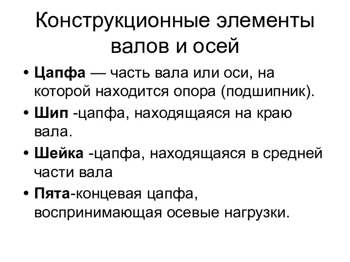 Конструкционные элементы валов и осей Цапфа — часть вала или оси, на