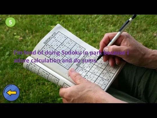 5 I’m fond of doing Sudoku in park because I adore calculation and do sums.