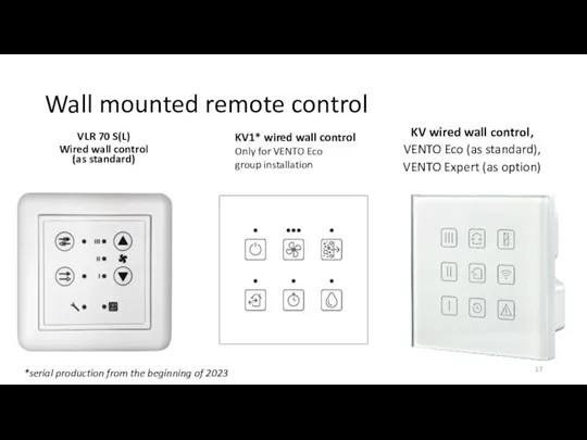 Wall mounted remote control VLR 70 S(L) Wired wall control (as standard)