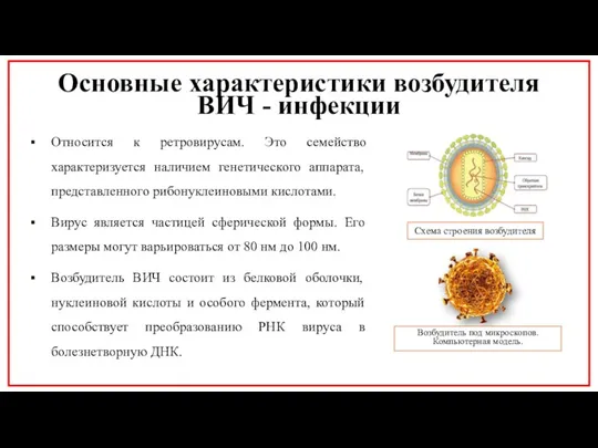 Основные характеристики возбудителя ВИЧ - инфекции Относится к ретровирусам. Это семейство характеризуется