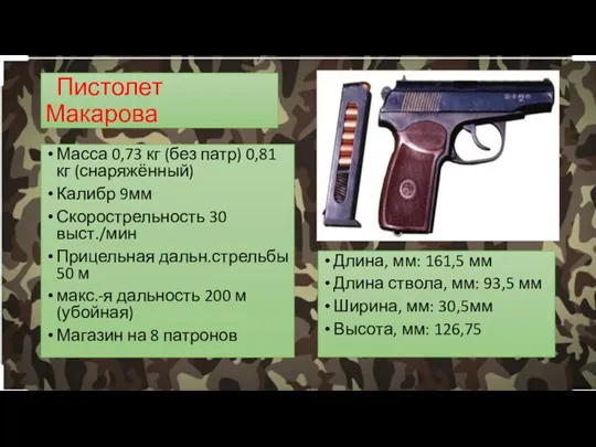 Пистолет Макарова Масса 0,73 кг (без патр) 0,81 кг (снаряжённый) Калибр 9мм