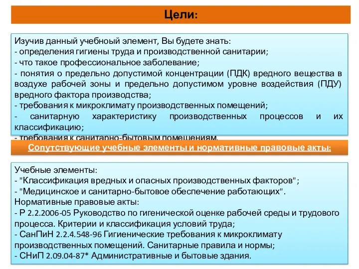 Цели: Изучив данный учебноый элемент, Вы будете знать: - определения гигиены труда