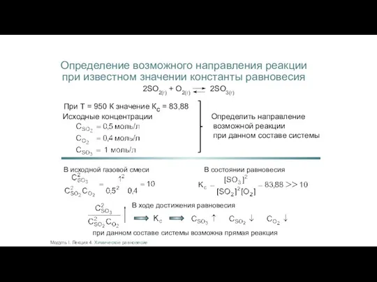 Определение возможного направления реакции при известном значении константы равновесия 2SO2(г) + O2(г)