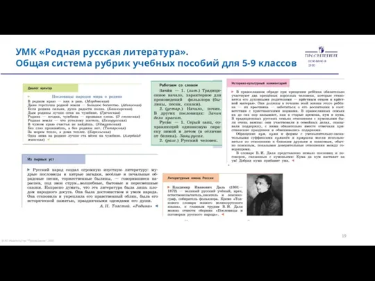 19 УМК «Родная русская литература». Общая система рубрик учебных пособий для 5-9