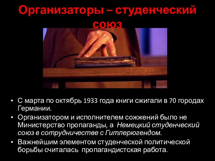 Организаторы – студенческий союз С марта по октябрь 1933 года книги сжигали