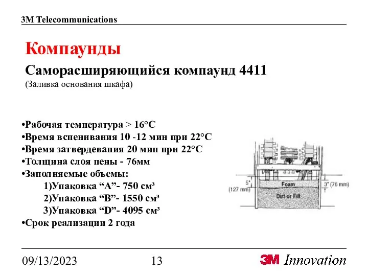 09/13/2023 Компаунды Саморасширяющийся компаунд 4411 (Заливка основания шкафа) Рабочая температура > 16°C