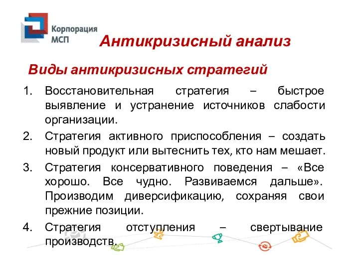 Восстановительная стратегия – быстрое выявление и устранение источников слабости организации. Стратегия активного