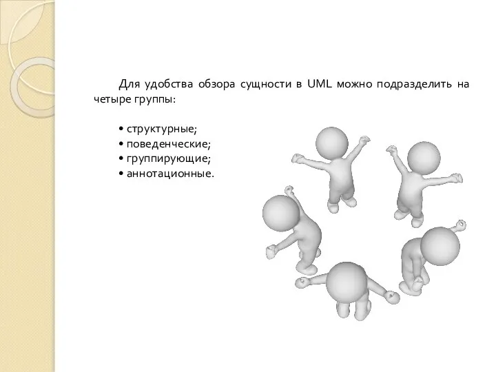 Для удобства обзора сущности в UML можно подразделить на четыре группы: •