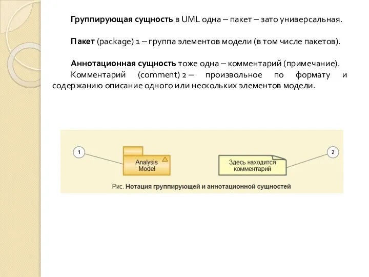 Группирующая сущность в UML одна ‒ пакет ‒ зато универсальная. Пакет (package)