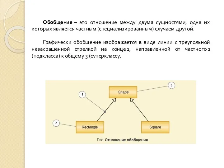 Обобщение ‒ это отношение между двумя сущностями, одна их которых является частным