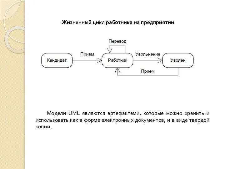 Жизненный цикл работника на предприятии Модели UML являются артефактами, которые можно хранить
