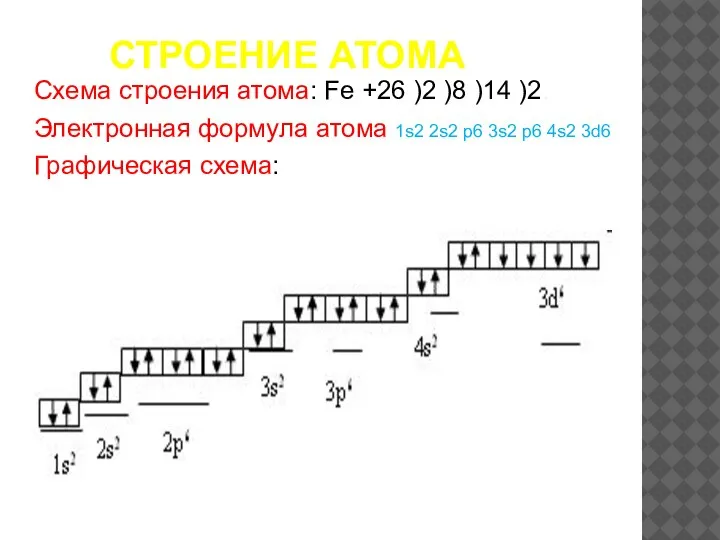 СТРОЕНИЕ АТОМА Схема строения атома: Fe +26 )2 )8 )14 )2. Электронная