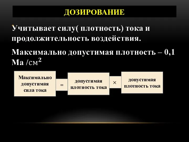 ДОЗИРОВАНИЕ Максимально допустимая сила тока допустимая плотность тока допустимая плотность тока =