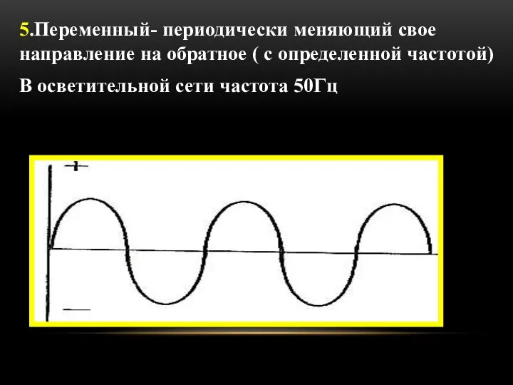 5.Переменный- периодически меняющий свое направление на обратное ( с определенной частотой) В осветительной сети частота 50Гц