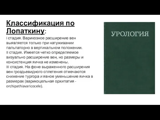 Классификация по Лопаткину: I стадия. Варикозное расширение вен выявляется только при натуживании