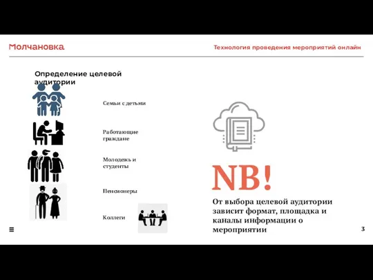 Определение целевой аудитории Пенсионеры Молодежь и студенты Работающие граждане Семьи с детьми