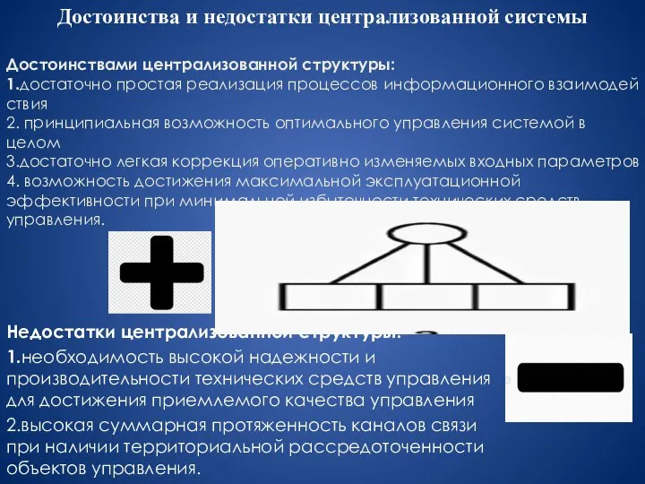 Достоинствами централизованной структуры: 1.достаточно простая реализация процессов информационного взаимодей­ствия 2. принципиальная возможность