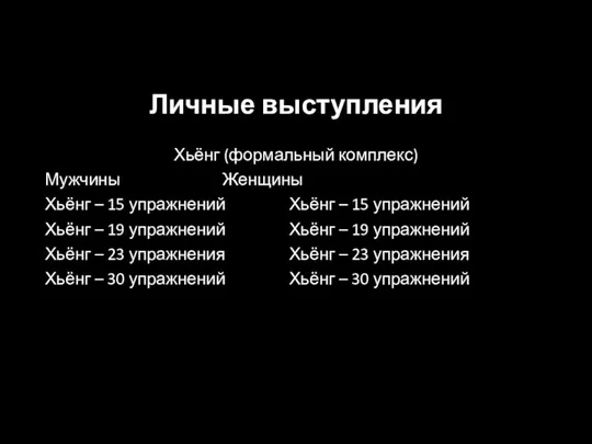 Личные выступления Хьёнг (формальный комплекс) Мужчины Женщины Хьёнг – 15 упражнений Хьёнг