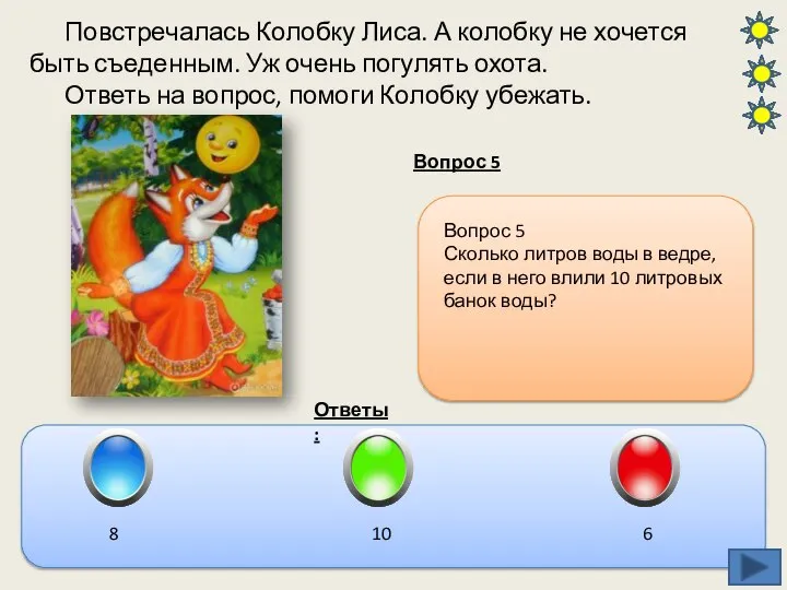 Повстречалась Колобку Лиса. А колобку не хочется быть съеденным. Уж очень погулять