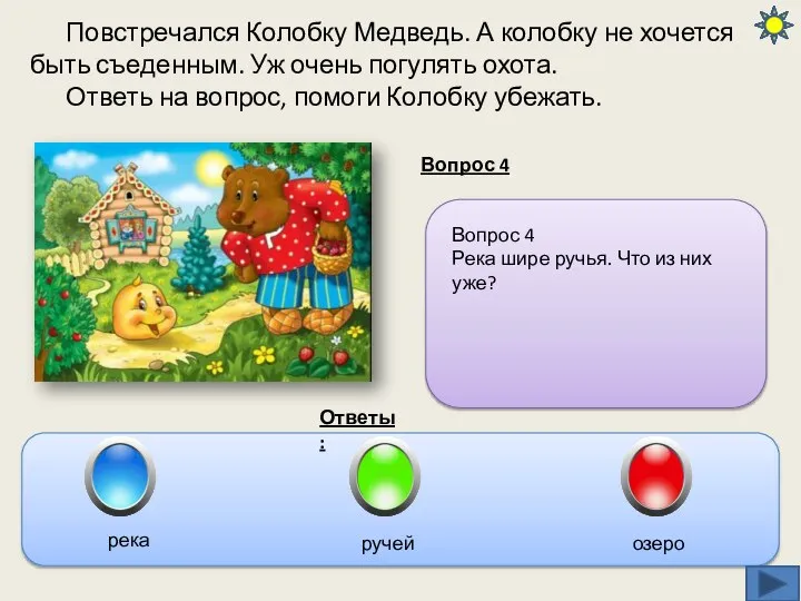 Повстречался Колобку Медведь. А колобку не хочется быть съеденным. Уж очень погулять