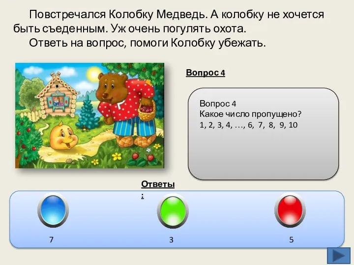 Повстречался Колобку Медведь. А колобку не хочется быть съеденным. Уж очень погулять