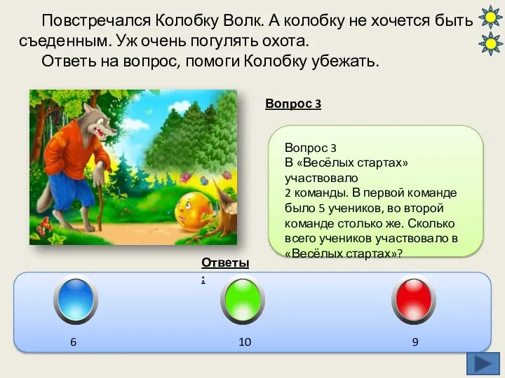 Повстречался Колобку Волк. А колобку не хочется быть съеденным. Уж очень погулять