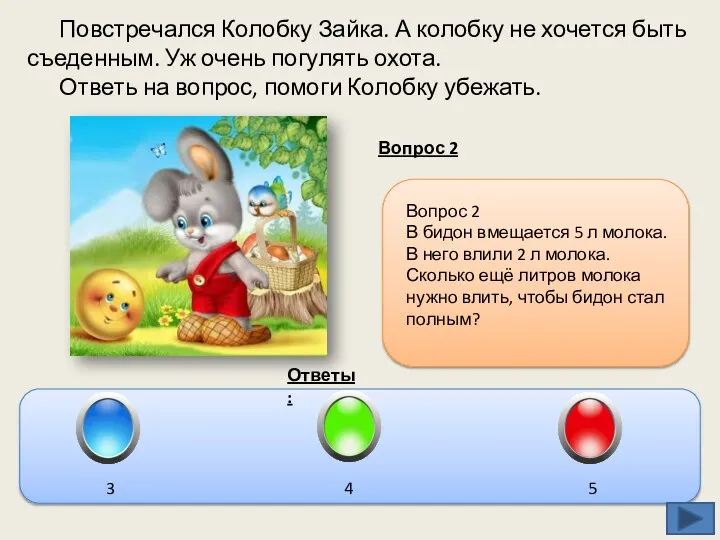 Повстречался Колобку Зайка. А колобку не хочется быть съеденным. Уж очень погулять