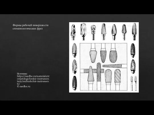 Формы рабочей поверхности стоматологических фрез Источник: https://medbe.ru/materials/stomatologicheskiy-instrumentariy/rezhushchie-instrumenty/ © medbe.ru