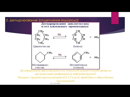 2. Дегидрирование (отщепление водорода) ViTa_Chem&Bio Дегидрирование циклогексана и его гомологов лежит в