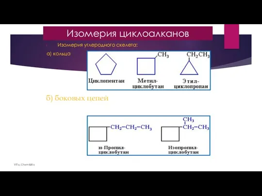 Изомерия циклоалканов Изомерия углеродного скелета: а) кольца ViTa_Chem&Bio б) боковых цепей