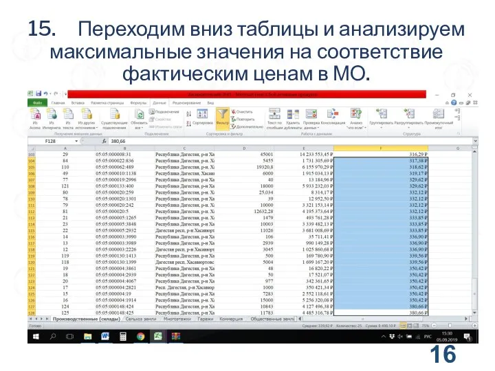 15. Переходим вниз таблицы и анализируем максимальные значения на соответствие фактическим ценам в МО.