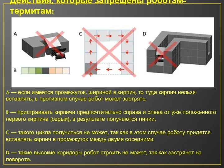 Действия, которые запрещены роботам-термитам: A — если имеется промежуток, шириной в кирпич,