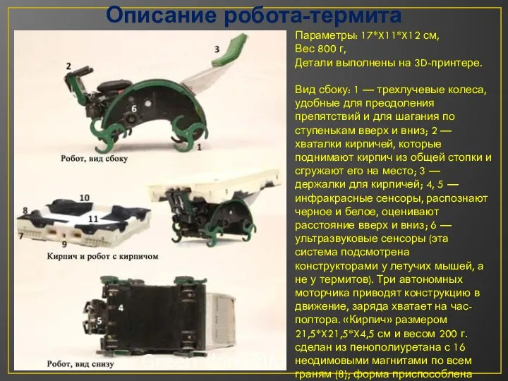 Описание робота-термита Параметры: 17*X11*X12 см, Вес 800 г, Детали выполнены на 3D-принтере.