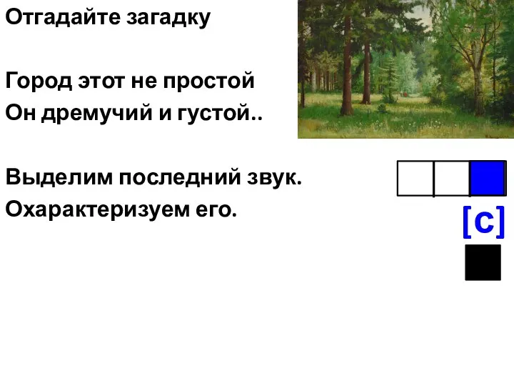 Отгадайте загадку Город этот не простой Он дремучий и густой.. Выделим последний звук. Охарактеризуем его. [с]