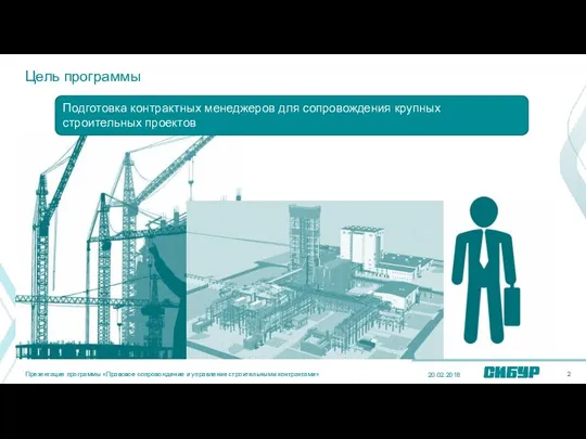 Цель программы 20.02.2018 Подготовка контрактных менеджеров для сопровождения крупных строительных проектов Презентация