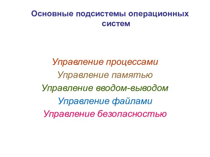 Основные подсистемы операционных систем Управление процессами Управление памятью Управление вводом-выводом Управление файлами Управление безопасностью