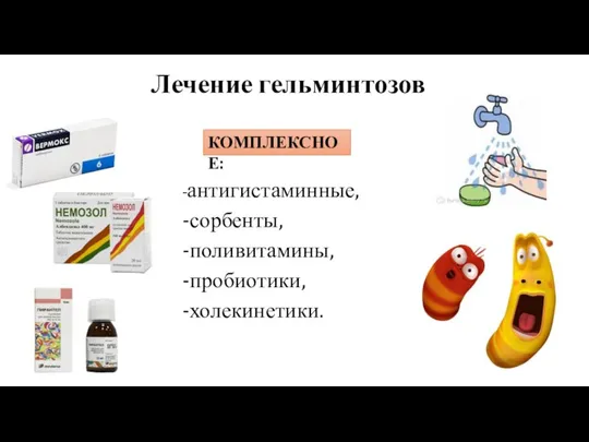 Лечение гельминтозов -антигистаминные, -сорбенты, -поливитамины, -пробиотики, -холекинетики. КОМПЛЕКСНОЕ: