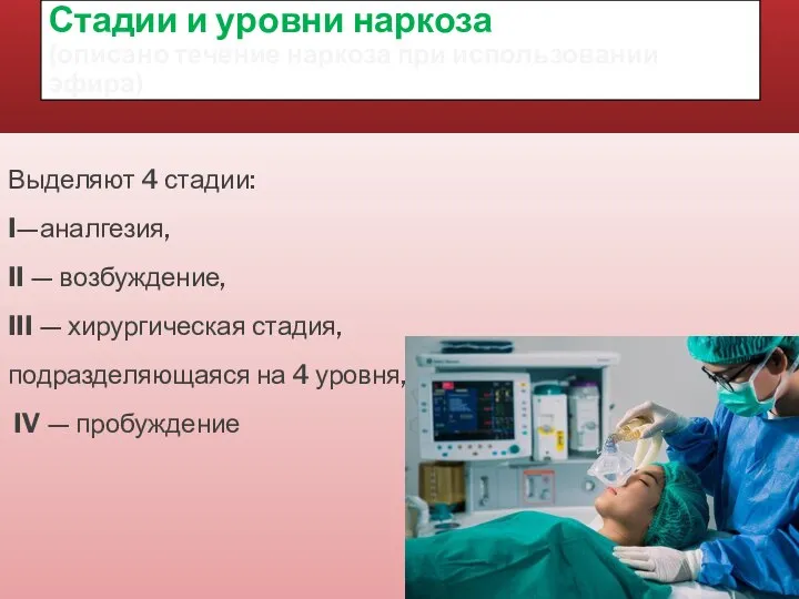 Стадии и уровни наркоза (описано течение наркоза при использовании эфира) Выделяют 4